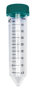 A 50 mL polypropylene centrifuge tube with a green screw cap, featuring measurement markings from 5 mL to 45 mL.