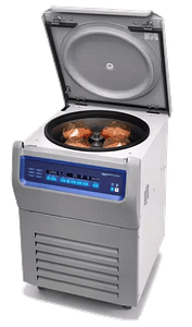 The Thermo Scientific Megafuge ST4FR Plus Refrigerated Floor Centrifuge is shown with its lid open, revealing test tube holders inside and a digital control panel on the front.