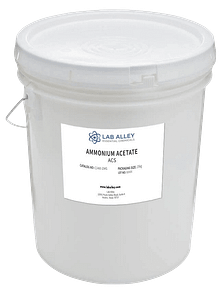 A white plastic pail labeled Ammonium Acetate, Crystals ACS Grade from Lab Alley features a handle, sealed lid, and a label detailing catalog and packaging information.