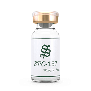 A clear glass vial with a gold cap labeled BPC-157 10mg/2.5mL and a green logo on a white background, containing a transparent liquid.