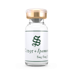 A clear glass vial with a gold cap, labeled “CJC-1295/Ipamorelin (No DAC) Blend 5mg/5mg,” containing white powder at the bottom.