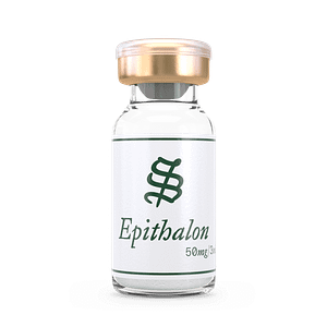 A clear glass vial labeled Epithalon (Epitalon) 50mg/3ml with a gold and white cap, containing white powder at the bottom, set against a plain black background.