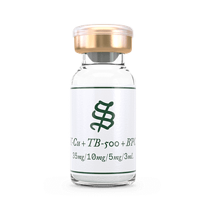A clear glass vial with a gold cap holds a liquid labeled “GHK-Cu, TB-500, and BPC-157 Blend – 35mg/10mg/5mg/3mL,” featuring a large green symbol in the center.