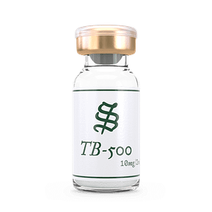 A small glass vial with a gold cap, labeled “TB-500 (Thymosin Beta-4) 10 mg/2 ml” in green text, features a stylized green symbol above the label, and is isolated on a white background.