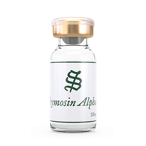 A small glass vial with a gold cap, labeled Thymosin Alpha-1 (Tα-1) and 10mg, contains white powder. The label features a green decorative symbol above the text.