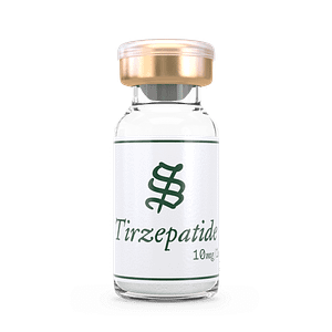 A small glass vial with a gold cap labeled Tirzepatide 10 mg in black text, containing a white powder, on a plain background.