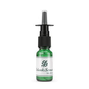 A small green glass bottle labeled Selank-Semax Nasal Spray with a black nasal spray nozzle and a white label featuring a stylized logo.