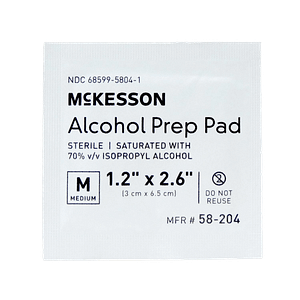 McKesson Alcohol Prep Pads (Pack of 10), medium 1.2x2.6, sterile, single-use, each pad contains 70% isopropyl alcohol.