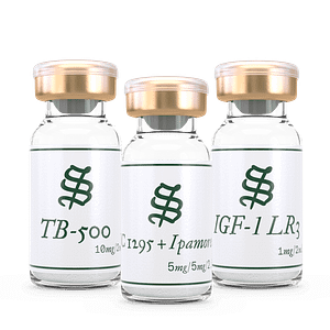 The Lean Muscle Mass Peptide Stack includes three clear glass vials with gold caps labeled TB-500, C1295 + Ipamorelin, and IGF-1 LR3, each featuring dosage info and a green symbol on white labels.