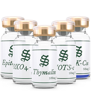 Five clear vials with gold caps, labeled as the Longevity & Anti-Aging Peptide Stack, display dosage information on white labels.