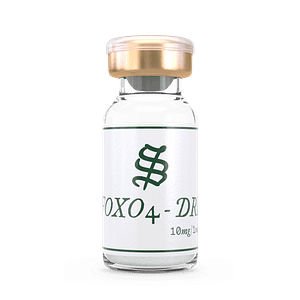 A small glass vial with a gold cap labeled “FOXO4-DRI 10mg/1mL,” displaying a green intertwined S logo on a white label, is set against a plain black background.