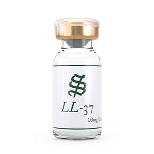 A clear glass vial with a gold cap labeled LL-37 contains 10mg/3mL of a colorless liquid. The white label displays a green stylized logo.