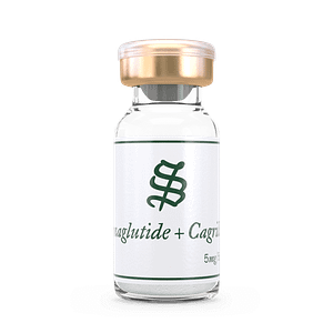 A small clear glass vial with a gold cap, labeled Semaglutide / Cagrilintide 5mg in green font, rests on a plain white background.