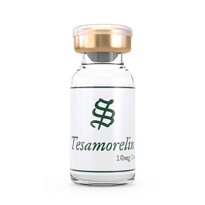 Tesamorelin 10mg 1L: A clear glass vial with a gold and white cap, containing white powder. The vial features a green logo on a white label.
