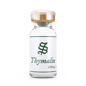 A clear glass vial labeled Thymalin with a gold and white cap, containing 100 mg of product, stands upright on a plain background.
