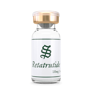 A glass vial of Retatrutide 10mg/1mL with a gold cap stands upright against a plain background.
