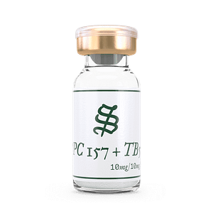 A small glass vial with a gold cap labeled BPC-157 / TB-500, 10mg/10ml, on a white background.