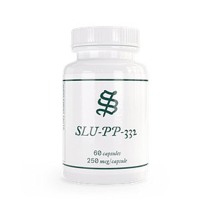A white bottle labeled SLU-PP-332 250 mcg Capsules, containing 60 capsules, is displayed against a plain background.