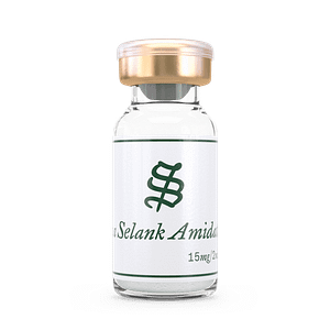 A small glass vial with a gold cap, labeled N-Acetyl Semax Amidate and 15mg/2ml, featuring a green decorative symbol on the front.