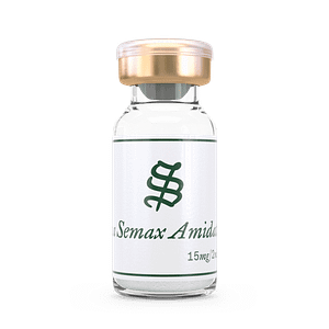 A small glass vial with a gold cap labeled N-Acetyl Semax Amidate 15mg/2ml is displayed against a black background.