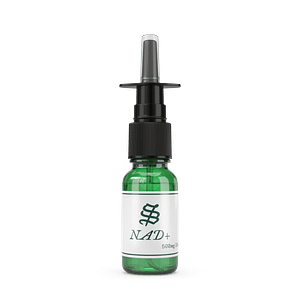 Green glass bottle with a nasal spray nozzle labeled NAD+ 500mg and a decorative symbol, photographed against a white background.