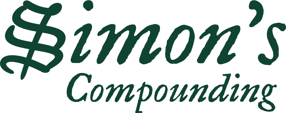 The image shows the words Simons Compounding in dark green cursive font. The S in Simons is stylized with two intersecting vertical lines.
